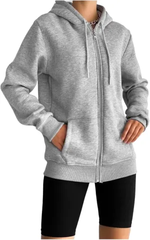 Women's Oversized Zip Up Long Sleeve Hoodie Sweatshirt (US, Alpha, Large, Regular, Regular, Grey)