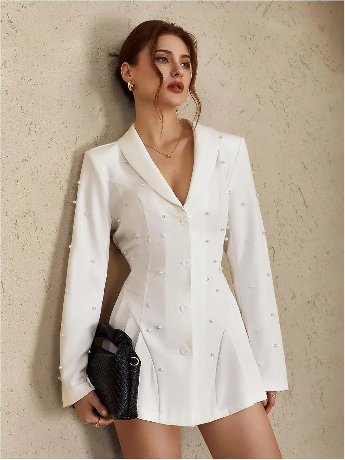 Women's Pearl Lapel Collar Blazer Button Down Long Sleeve Ruffle Work Office Dressy Jackets