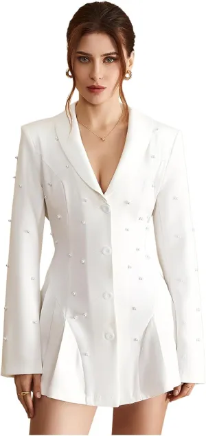 Women's Pearl Lapel Collar Blazer Button Down Long Sleeve Ruffle Work Office Dressy Jackets