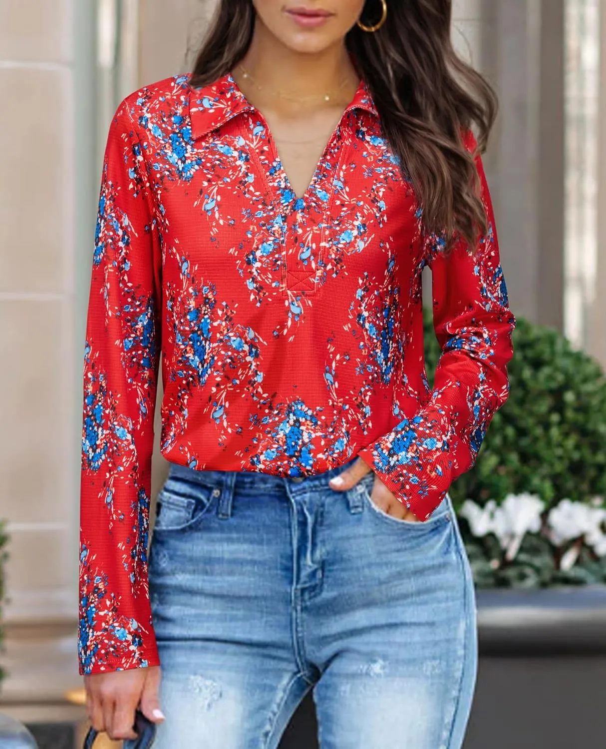 Women's Polo Shirts Collared V Neck Work Tops Long Sleeve Business Casual Dressy Blouses Textured Ribbed Tunic