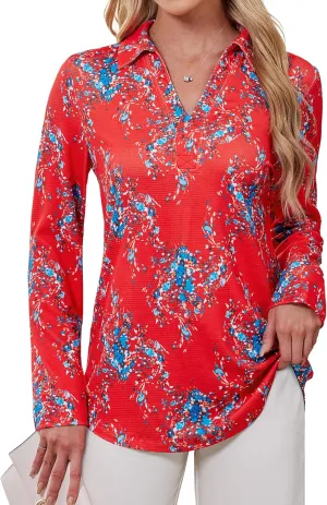 Women's Polo Shirts Collared V Neck Work Tops Long Sleeve Business Casual Dressy Blouses Textured Ribbed Tunic