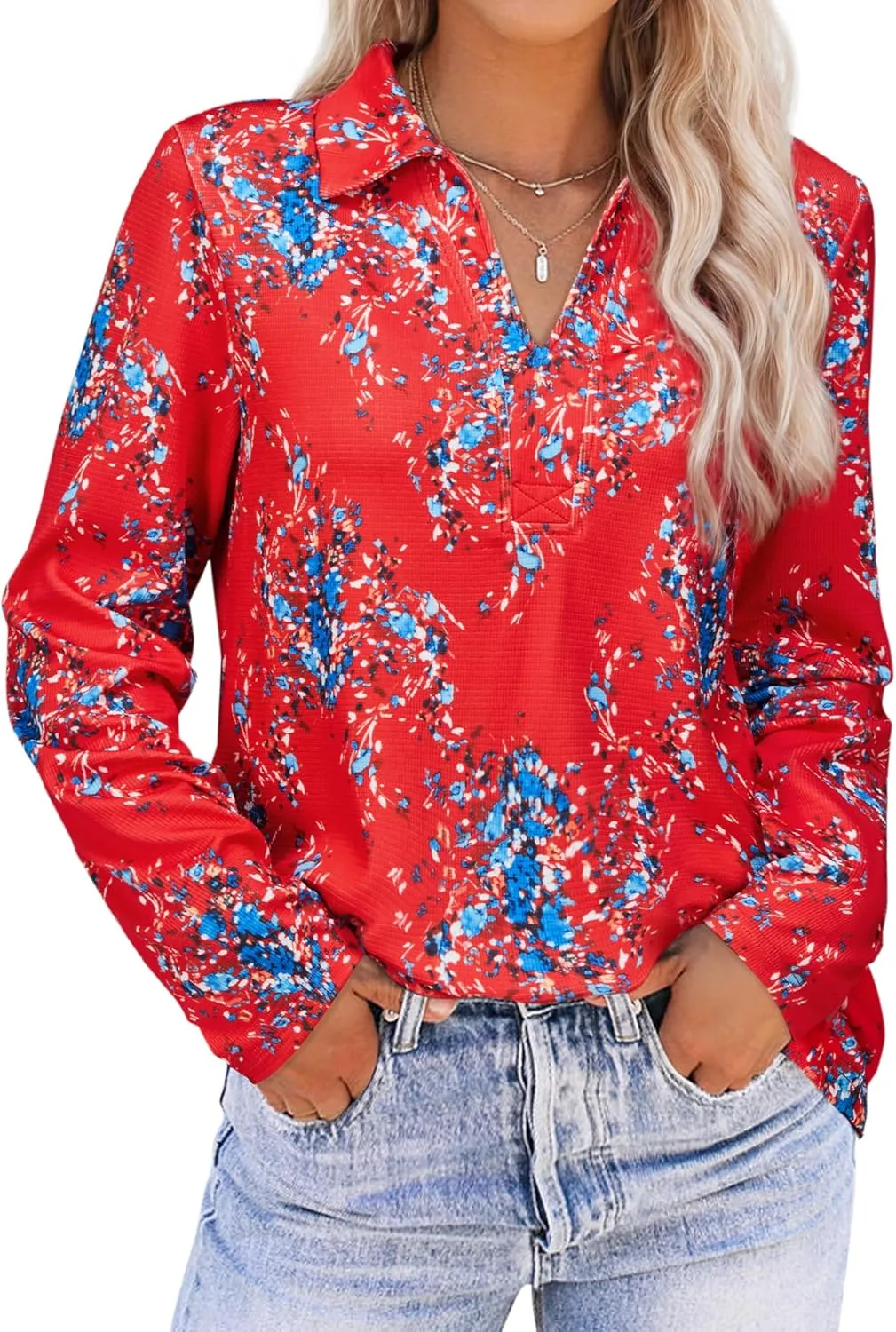 Women's Polo Shirts Collared V Neck Work Tops Long Sleeve Business Casual Dressy Blouses Textured Ribbed Tunic