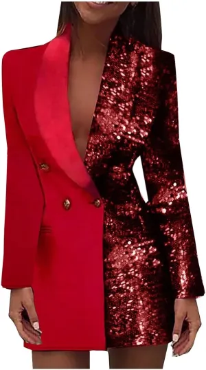 Womens Sequin Blazer Dresses Sparkle Double Breasted Formal Suit Outfits Long Sleeve Lapel Collar Party Outerwear