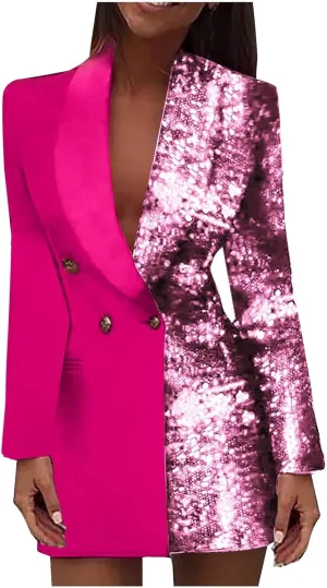 Womens Sequin Blazer Dresses Sparkle Double Breasted Formal Suit Outfits Long Sleeve Lapel Collar Party Outerwear