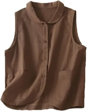 Women's Short Cotton And Linen Vest Double Pocket Stand Collar Sleeveless Vest Jacket