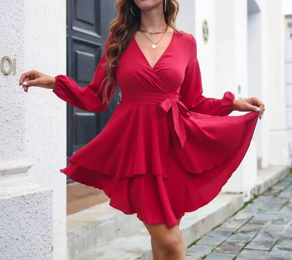 Women's Short Dress Long Sleeve Deep V-Neck Waist Tie Ruffle Mini Swing Skater Dresses