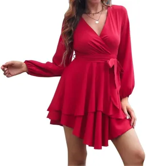 Women's Short Dress Long Sleeve Deep V-Neck Waist Tie Ruffle Mini Swing Skater Dresses