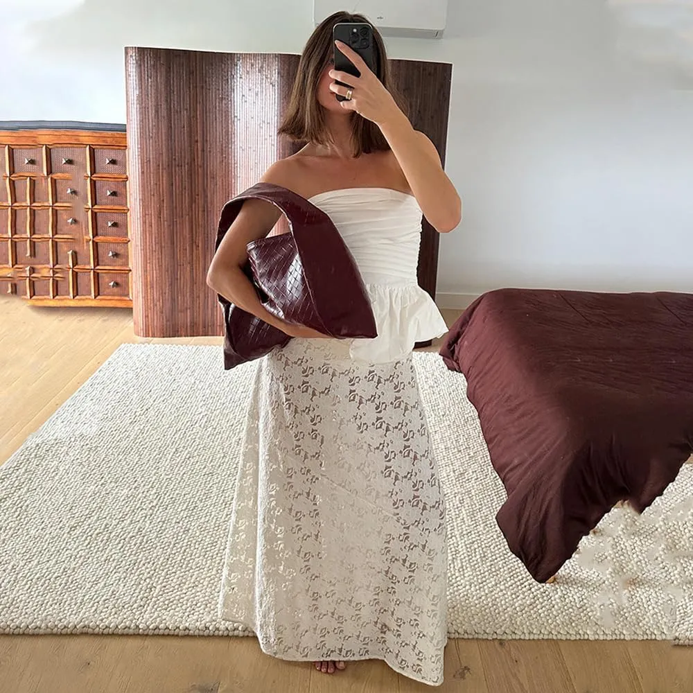 Womens Skirts Lace See Through Solid Long Maxi Skirt High Waist Casual Vacation Skirts for Women Trendy
