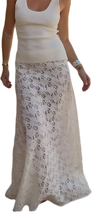 Womens Skirts Lace See Through Solid Long Maxi Skirt High Waist Casual Vacation Skirts for Women Trendy