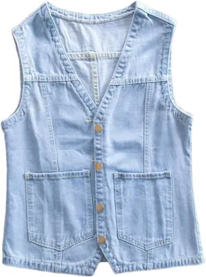 Women's Slim V Neck Single Breasted Denim Vest Waistcoat Sleeveless Casual Jeans Vest