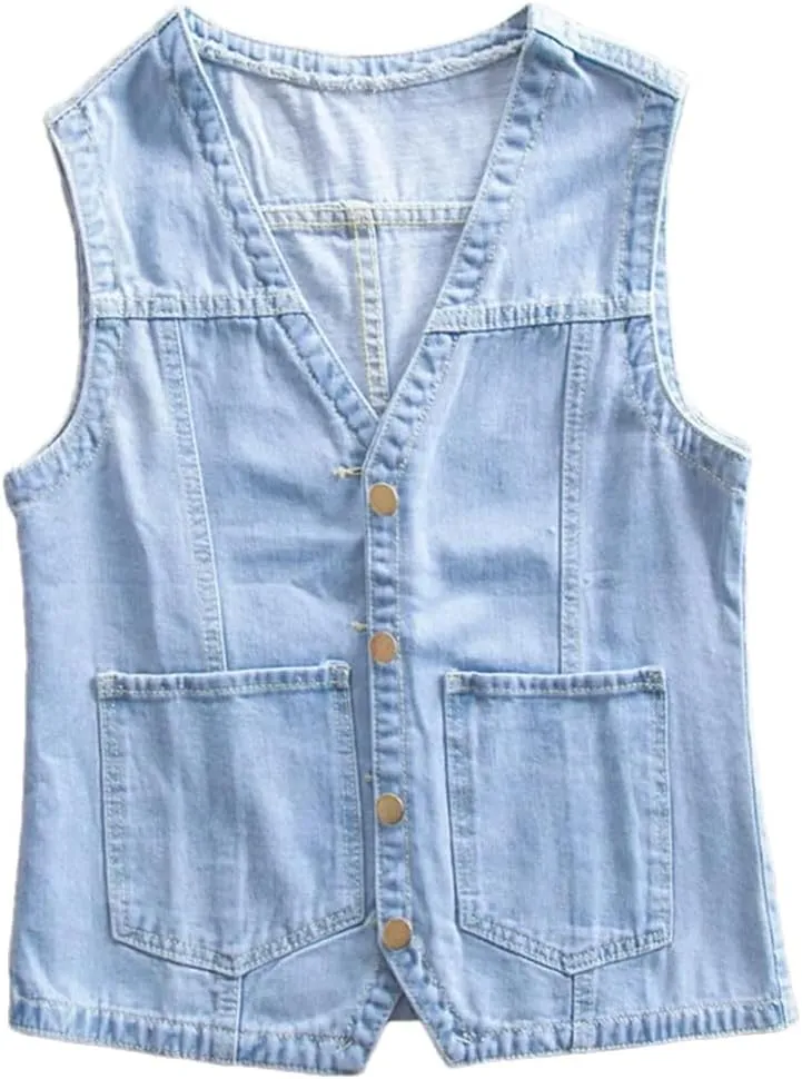 Women's Slim V Neck Single Breasted Denim Vest Waistcoat Sleeveless Casual Jeans Vest