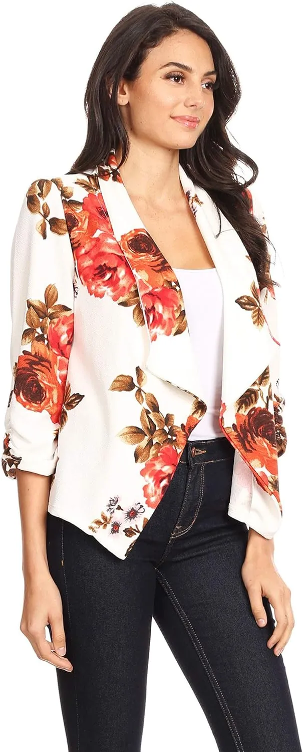 Women's Solid Casual Draped Open Front 3/4 Sleeve Outerwear Blazer Jacket/Made in USA