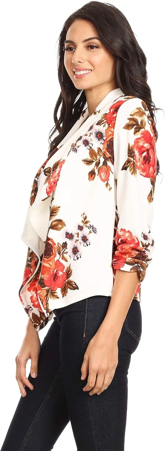 Women's Solid Casual Draped Open Front 3/4 Sleeve Outerwear Blazer Jacket/Made in USA