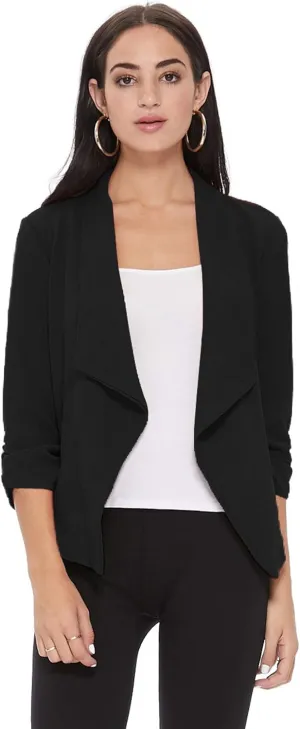 Women's Solid Casual Draped Open Front 3/4 Sleeve Outerwear Blazer Jacket/Made in USA