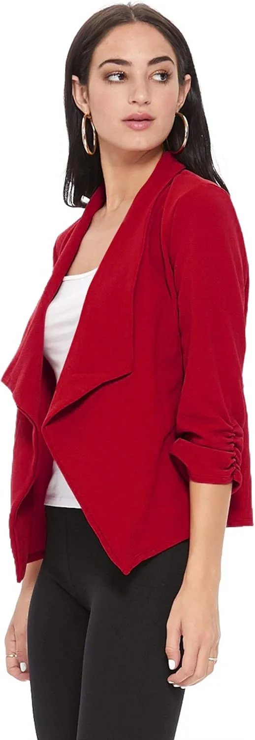 Women's Solid Casual Draped Open Front 3/4 Sleeve Outerwear Blazer Jacket/Made in USA