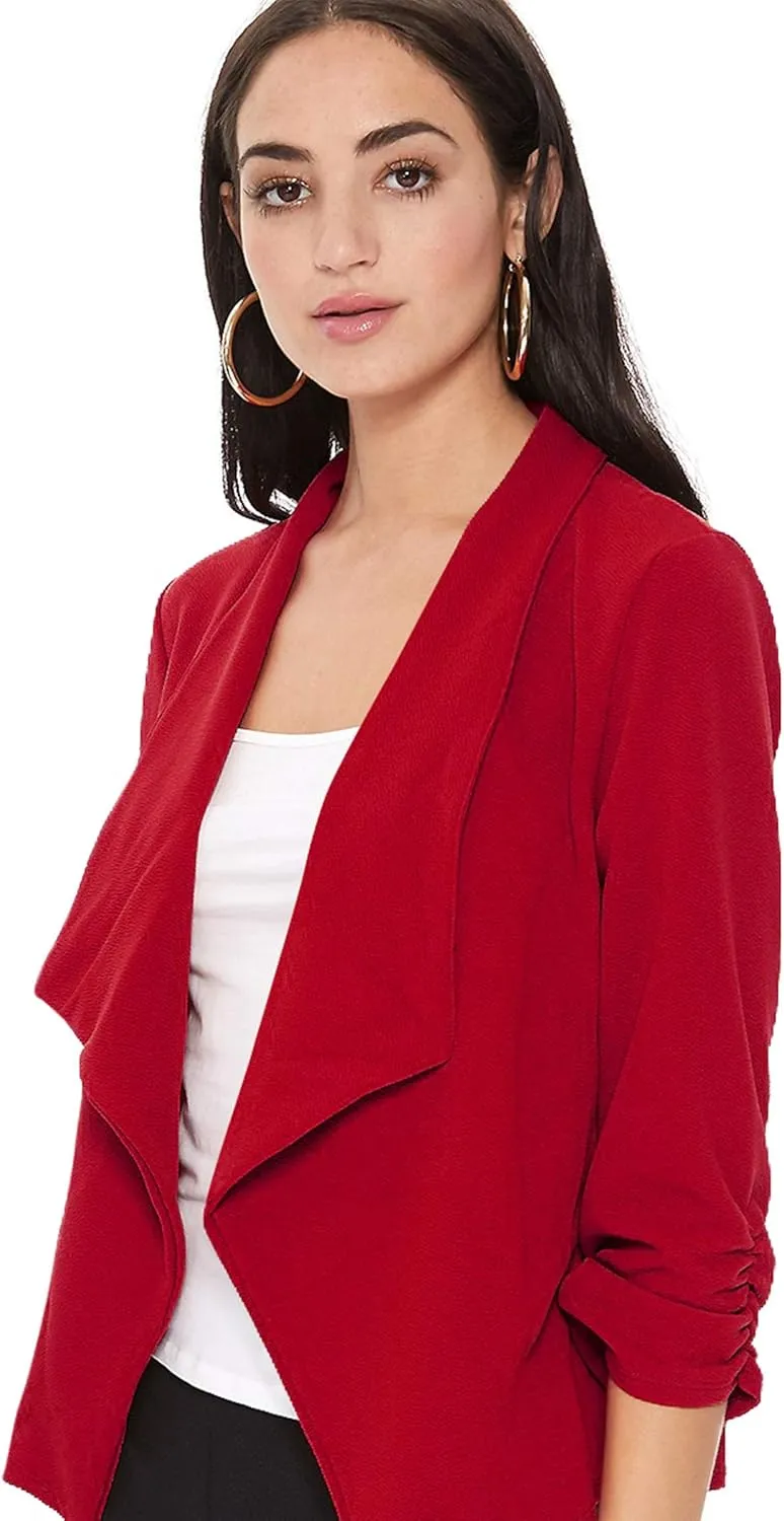 Women's Solid Casual Draped Open Front 3/4 Sleeve Outerwear Blazer Jacket/Made in USA