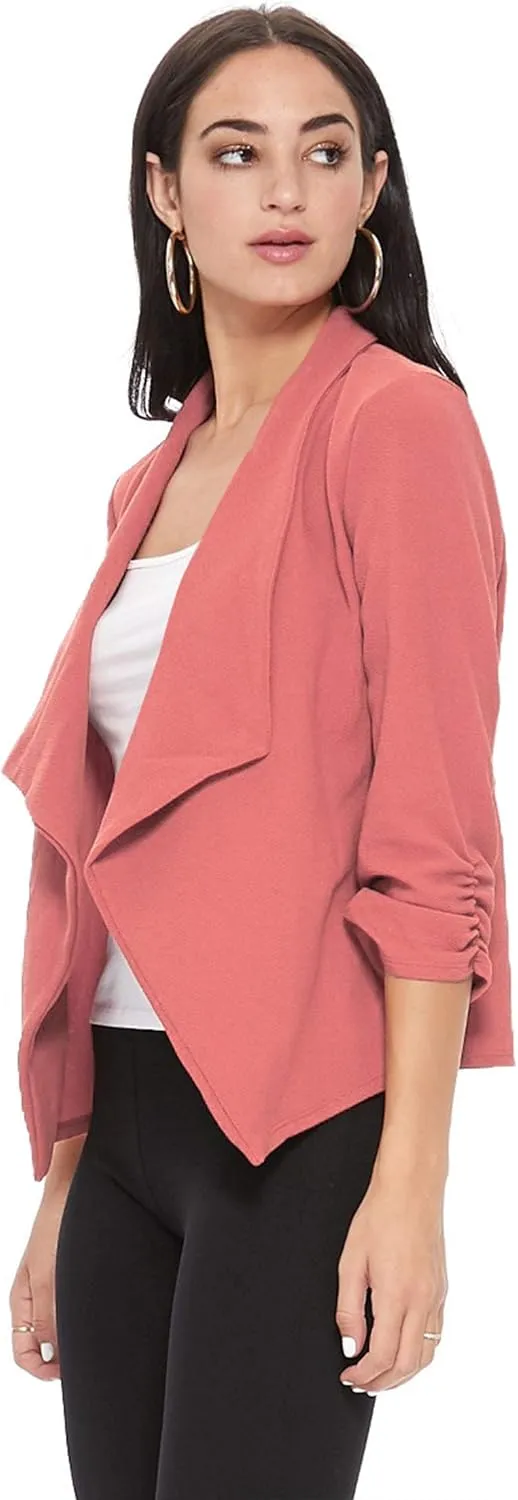 Women's Solid Casual Draped Open Front 3/4 Sleeve Outerwear Blazer Jacket/Made in USA