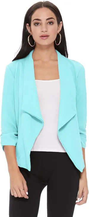 Women's Solid Casual Draped Open Front 3/4 Sleeve Outerwear Blazer Jacket/Made in USA