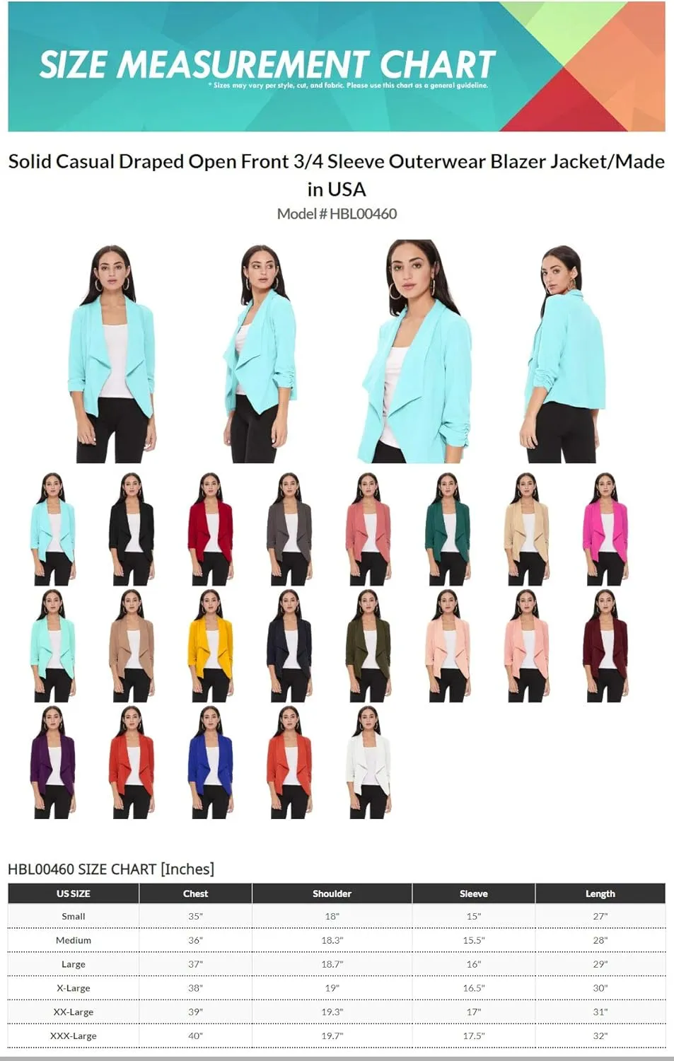 Women's Solid Casual Draped Open Front 3/4 Sleeve Outerwear Blazer Jacket/Made in USA