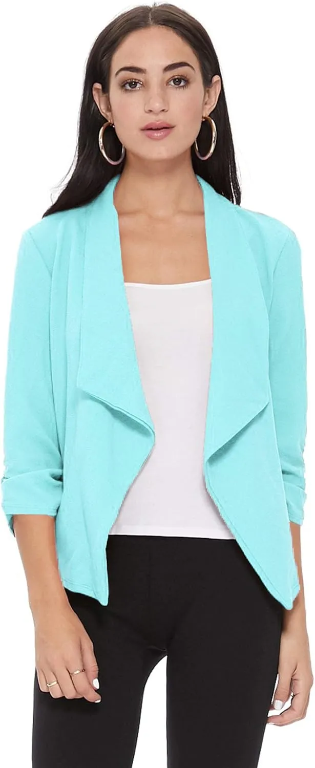 Women's Solid Casual Draped Open Front 3/4 Sleeve Outerwear Blazer Jacket/Made in USA