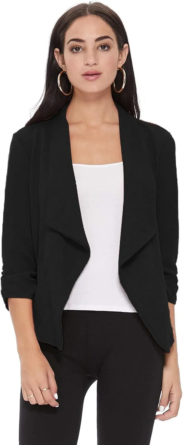 Women's Solid Casual Draped Open Front 3/4 Sleeve Outerwear Blazer Jacket/Made in USA