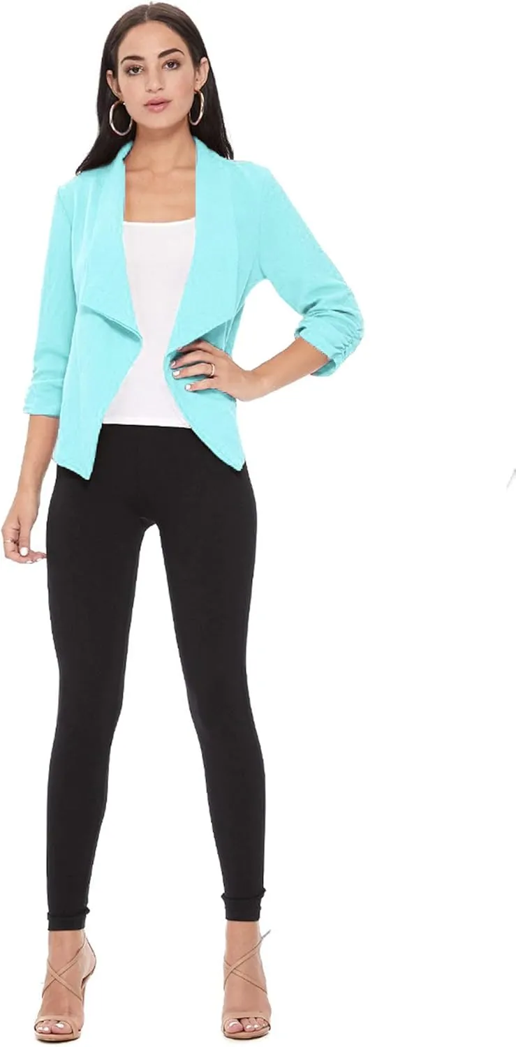 Women's Solid Casual Draped Open Front 3/4 Sleeve Outerwear Blazer Jacket/Made in USA
