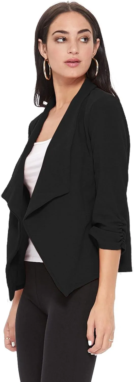 Women's Solid Casual Draped Open Front 3/4 Sleeve Outerwear Blazer Jacket/Made in USA