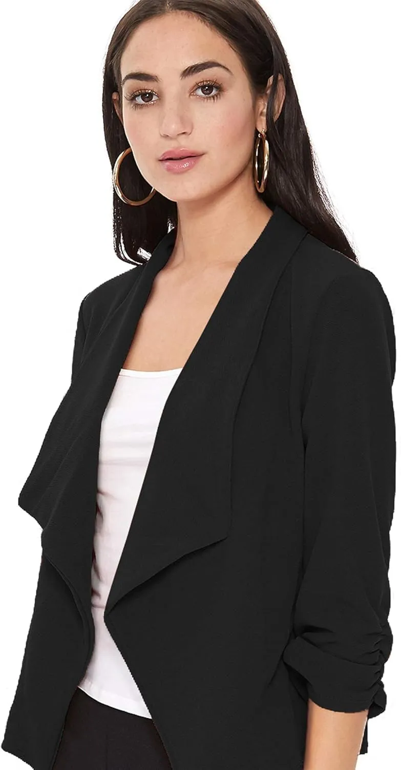 Women's Solid Casual Draped Open Front 3/4 Sleeve Outerwear Blazer Jacket/Made in USA