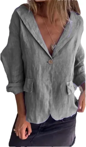 Women's Solid Color Loose Thin Blazer Coat Lapel Button Street Cotton Linen Long Sleeve Outerwear