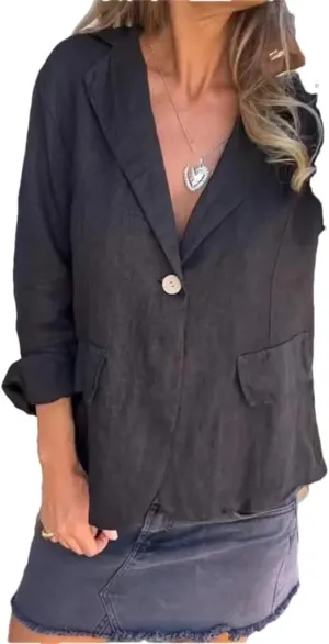 Women's Solid Color Loose Thin Blazer Coat Lapel Button Street Cotton Linen Long Sleeve Outerwear