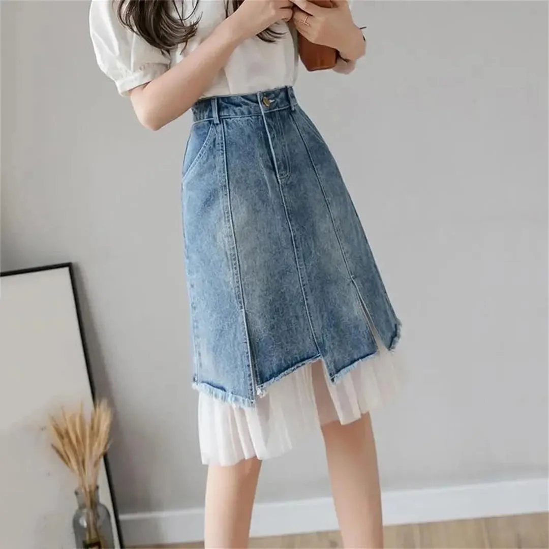 Women's Split Denim Skirt High-Waisted Slimming Mesh Patchwork Irregular A-Line Skirt