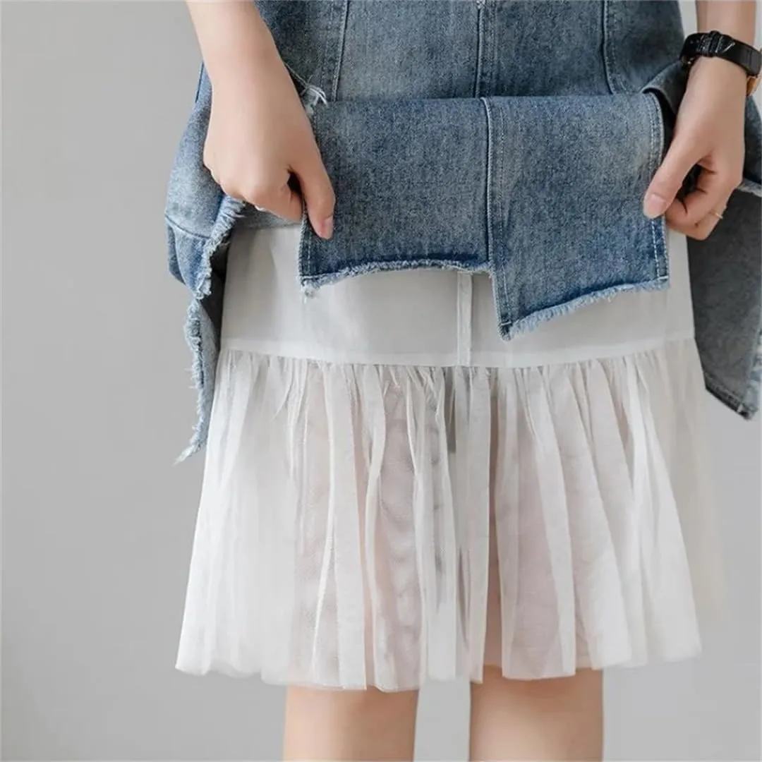 Women's Split Denim Skirt High-Waisted Slimming Mesh Patchwork Irregular A-Line Skirt