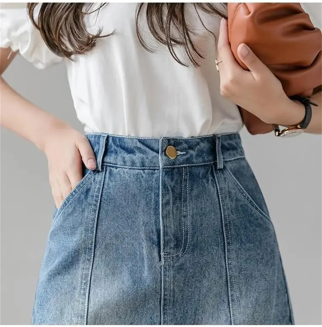 Women's Split Denim Skirt High-Waisted Slimming Mesh Patchwork Irregular A-Line Skirt