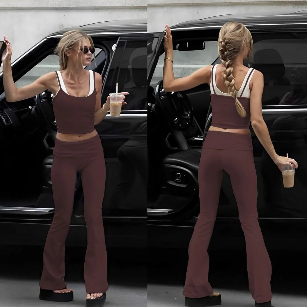 Women's Summer 2 Piece Outfit Slim Camisole Top Low Rise Flared Pants Set Versatile Activewear for Yoga Leisure