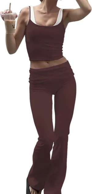 Women's Summer 2 Piece Outfit Slim Camisole Top Low Rise Flared Pants Set Versatile Activewear for Yoga Leisure
