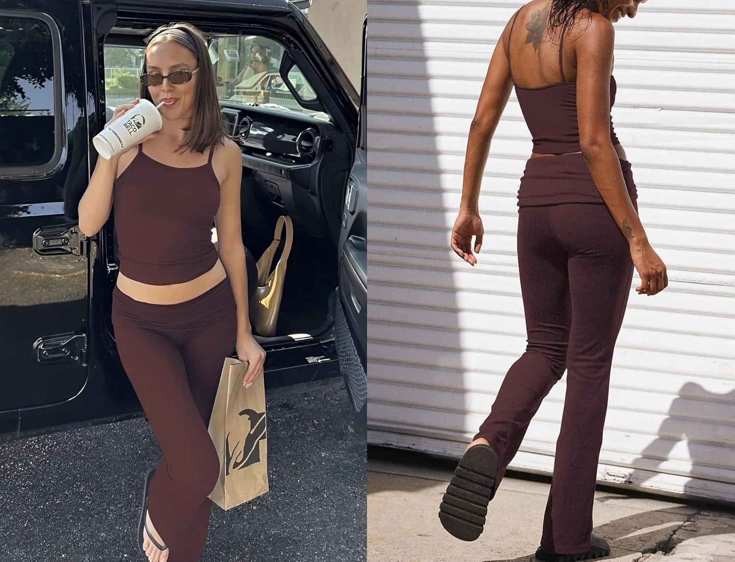 Women's Summer 2 Piece Outfit Slim Camisole Top Low Rise Flared Pants Set Versatile Activewear for Yoga Leisure
