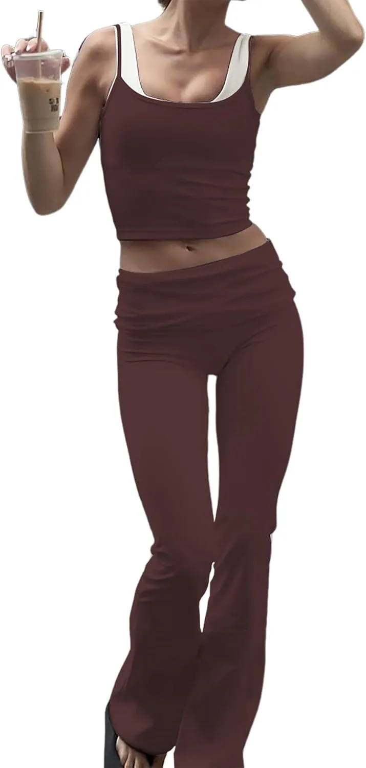 Women's Summer 2 Piece Outfit Slim Camisole Top Low Rise Flared Pants Set Versatile Activewear for Yoga Leisure