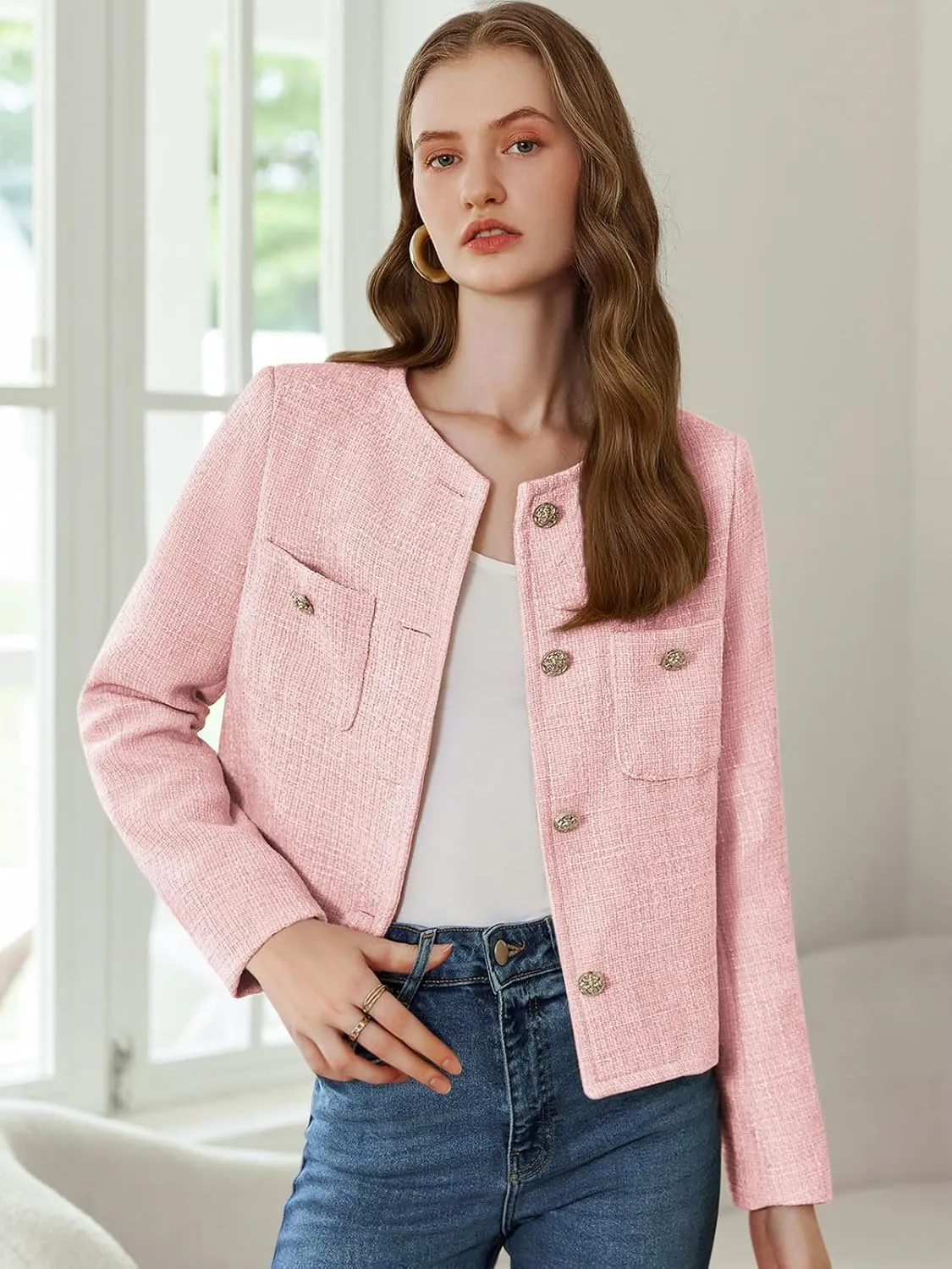 Women's Tweed Jackets Long Sleeve Business Button Down Casual Cropped Blazer with Pockets