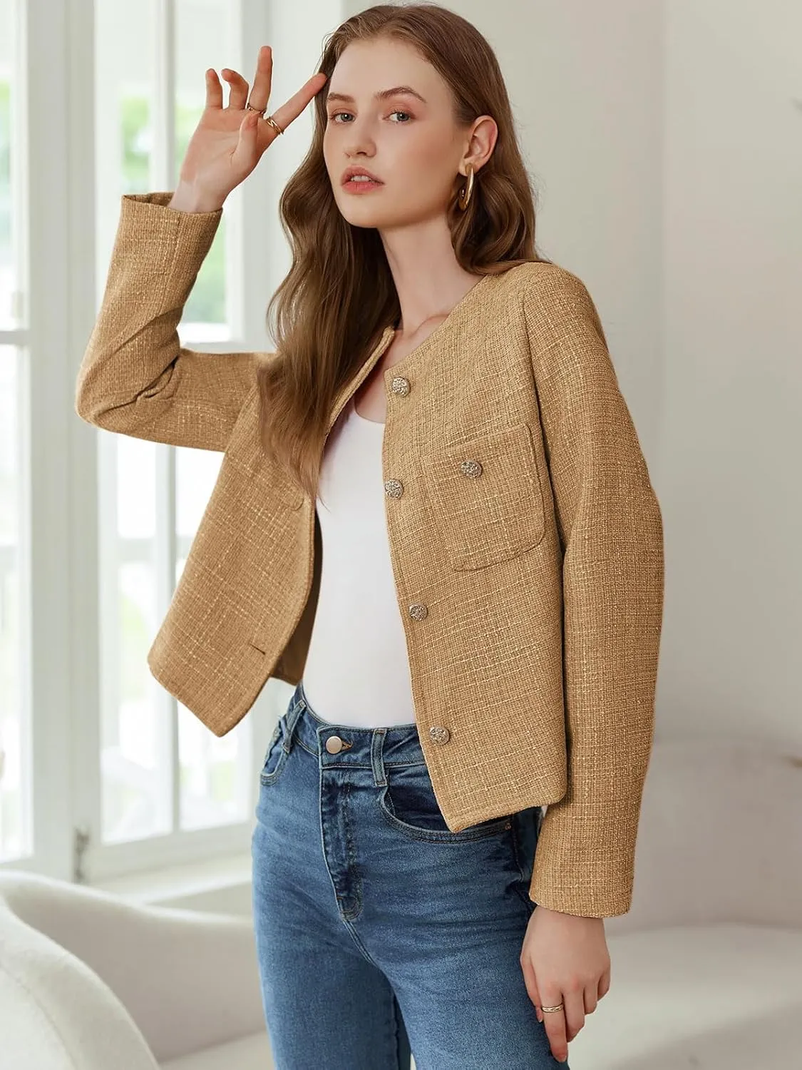Women's Tweed Jackets Long Sleeve Business Button Down Casual Cropped Blazer with Pockets