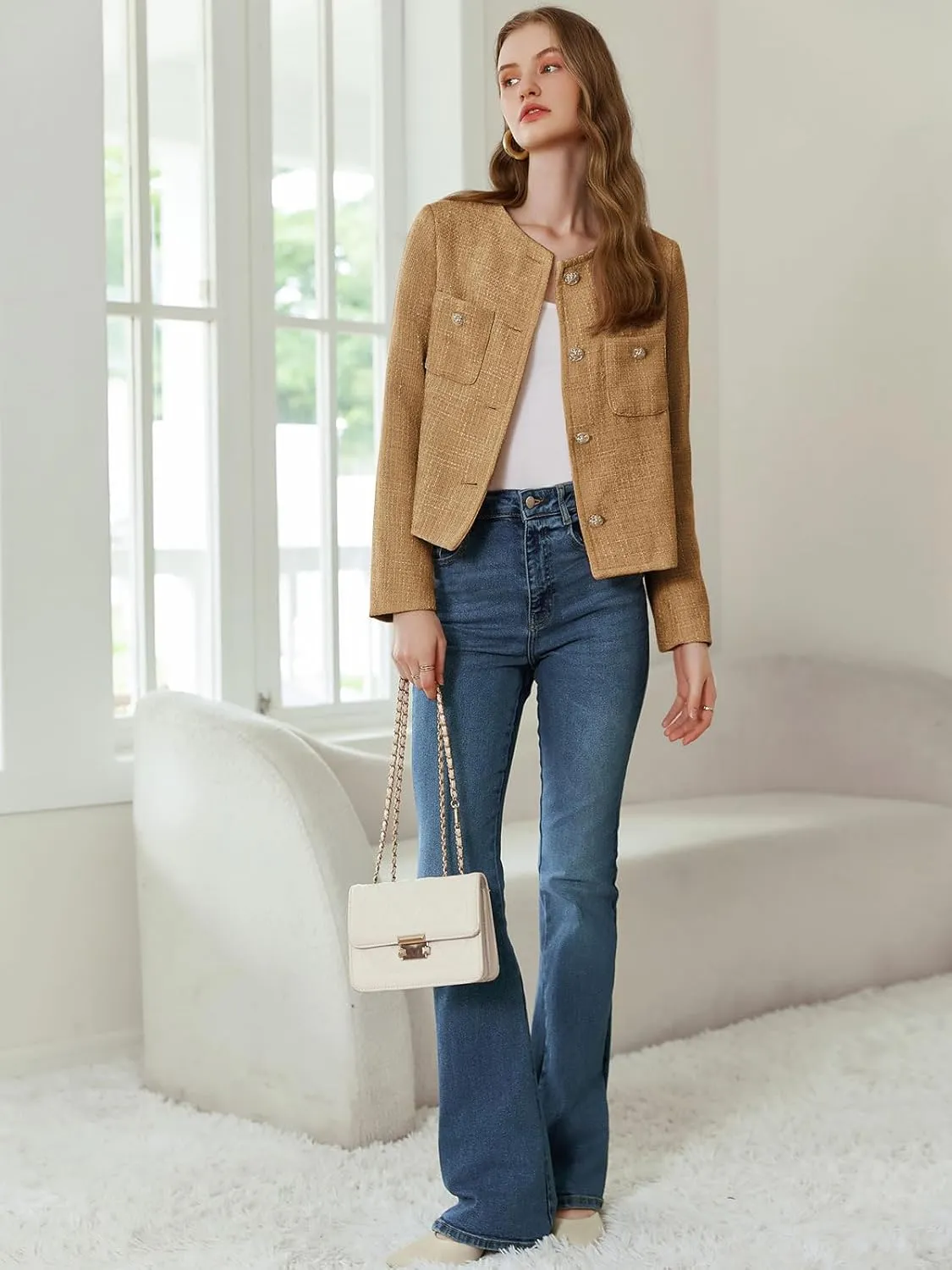 Women's Tweed Jackets Long Sleeve Business Button Down Casual Cropped Blazer with Pockets