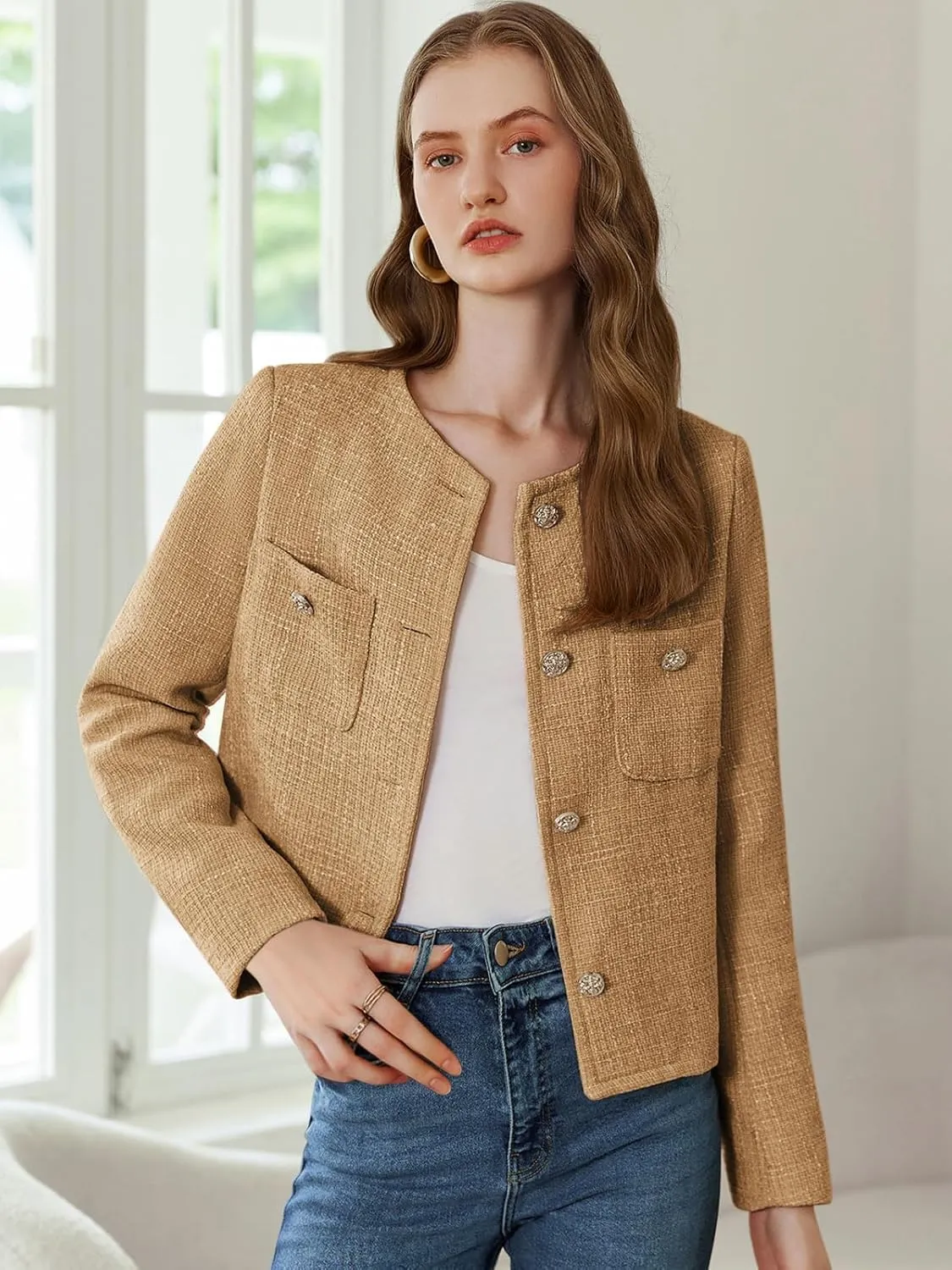 Women's Tweed Jackets Long Sleeve Business Button Down Casual Cropped Blazer with Pockets