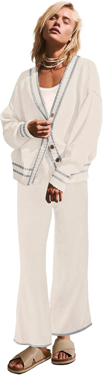 Womens Two Piece Outfits Sweater Sets Open Front Knit Cardigan and Wide Leg Pants Sweatsuit Lounge Sets