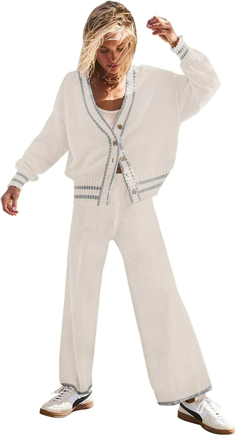 Womens Two Piece Outfits Sweater Sets Open Front Knit Cardigan and Wide Leg Pants Sweatsuit Lounge Sets