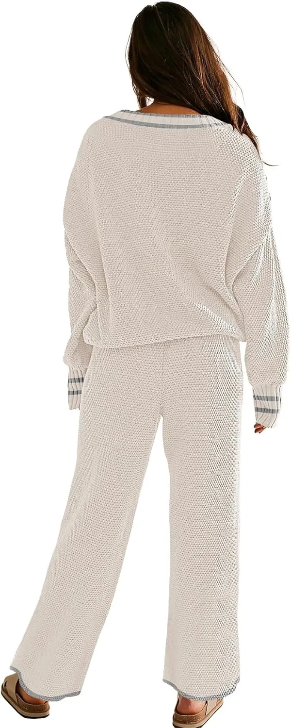 Womens Two Piece Outfits Sweater Sets Open Front Knit Cardigan and Wide Leg Pants Sweatsuit Lounge Sets