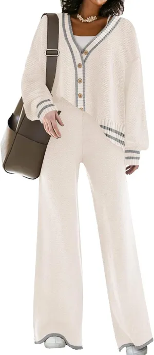 Womens Two Piece Outfits Sweater Sets Open Front Knit Cardigan and Wide Leg Pants Sweatsuit Lounge Sets
