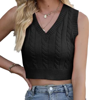 Women's V-Neck Knit Sweater Vest Solid Color Sleeveless Crop Knit Vest Sweaters