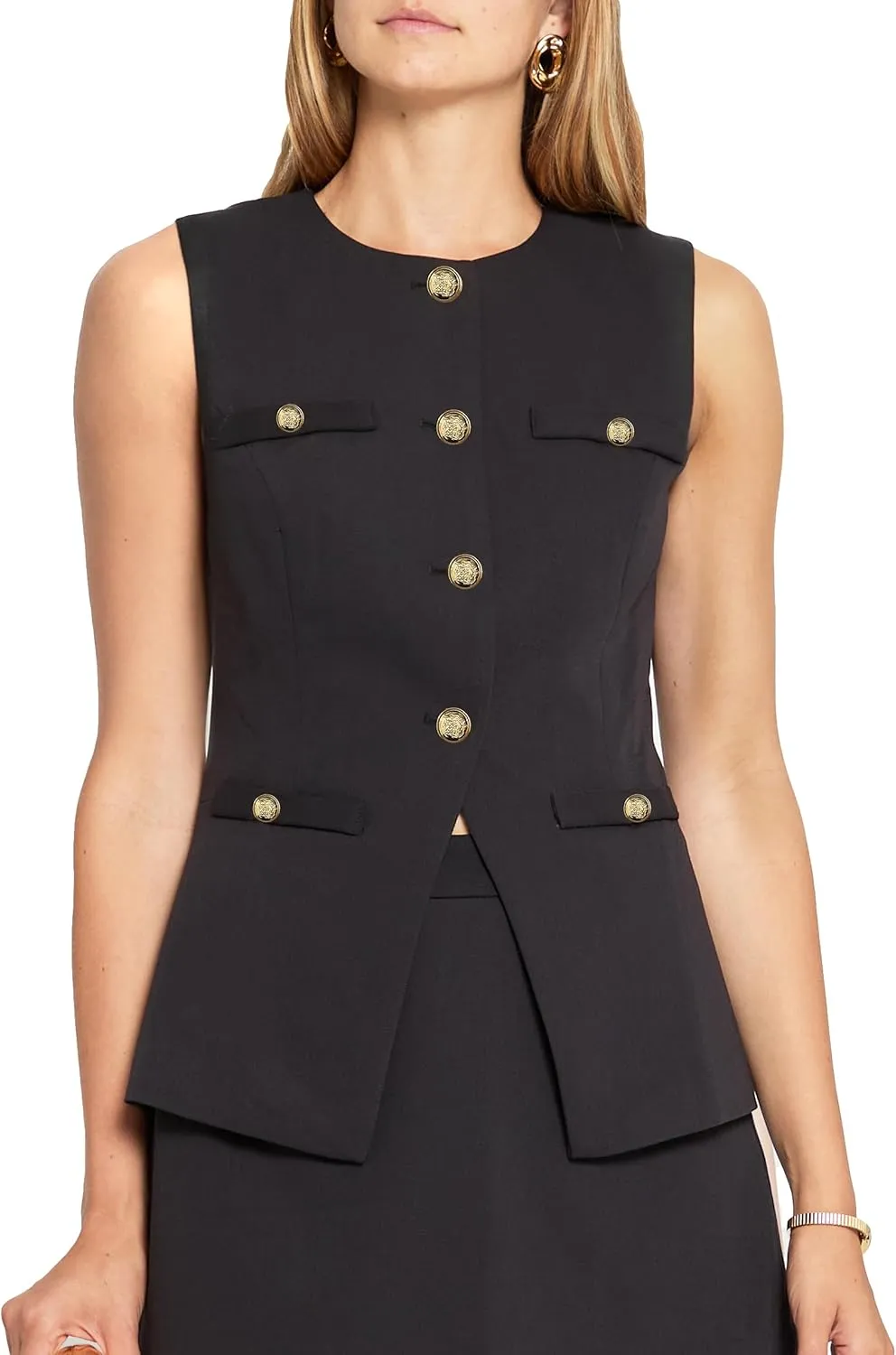 Women's Vest Top Sleeveless Blazer Round Neck Button Down Dressy Vest Open Front Work Office Outerwear Waistcoat