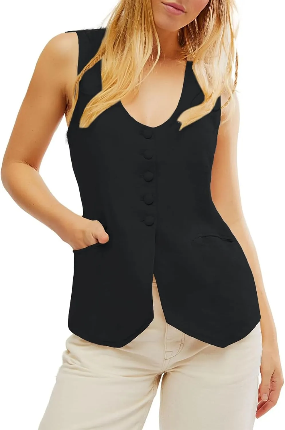 Womens Vest Top Trendy V Neck Summer Sleeveless Blazer Vest Waistcoat Linen Cotton Tank Tops 2025
