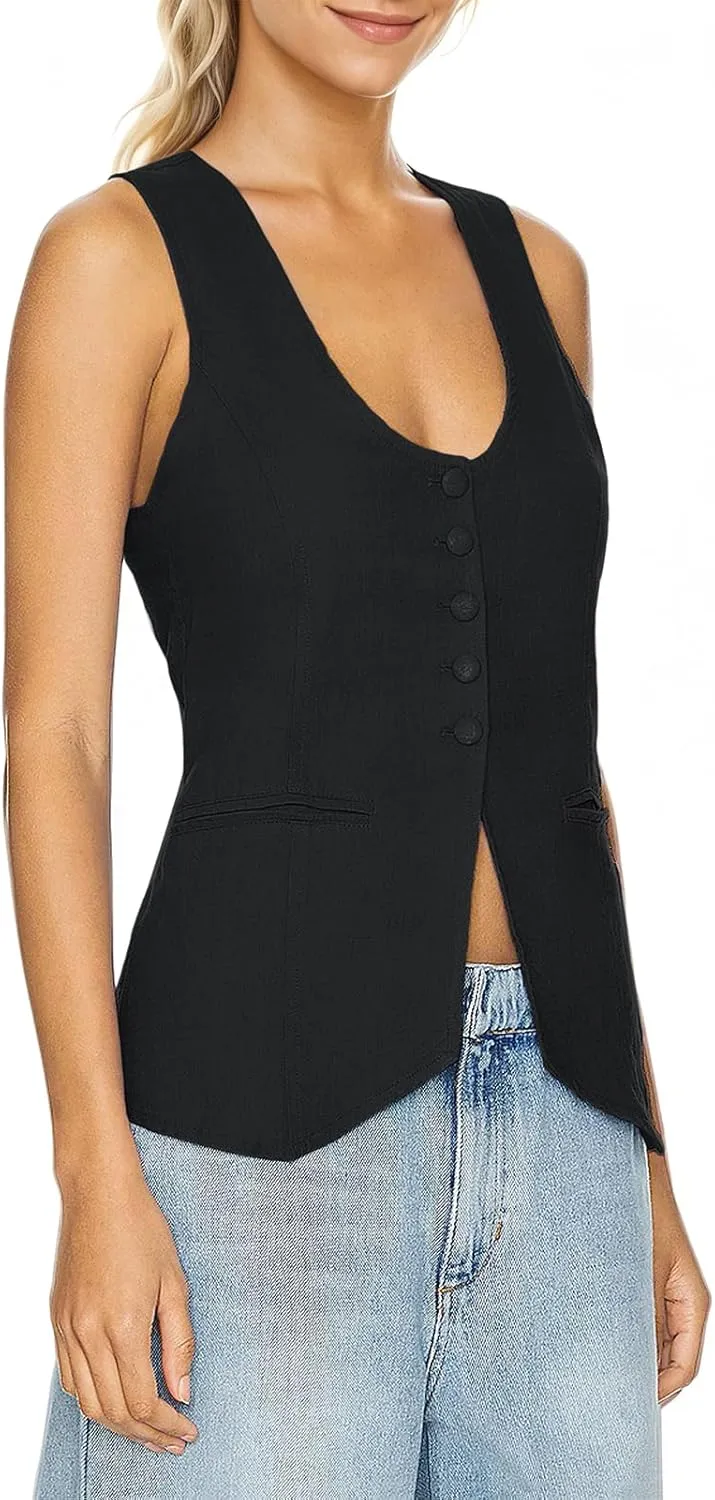 Womens Vest Top Trendy V Neck Summer Sleeveless Blazer Vest Waistcoat Linen Cotton Tank Tops 2025
