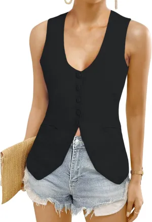 Womens Vest Top Trendy V Neck Summer Sleeveless Blazer Vest Waistcoat Linen Cotton Tank Tops 2025